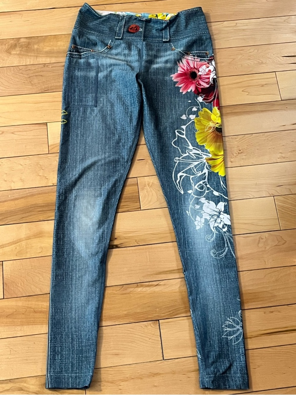 INKnBURN INB Denim Blue Wildflower Tights Pink Yellow Floral Print size four (4) - Picture 2 of 11